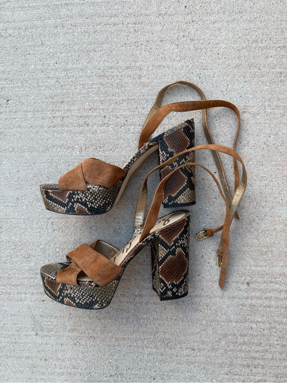 Sam Edelman Brown Suede Leather & Snake-Print Platform Sandals